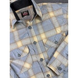 Johnson Woolen Mills Flannel Shirt Mens XL? Blue Tan Plaid Rugged Made in USA